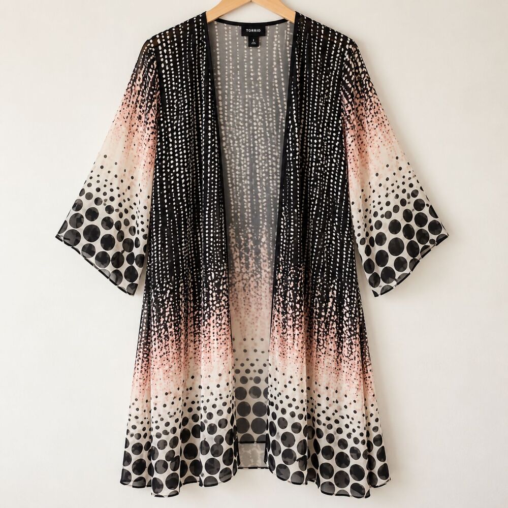 Torrid Sheer Duster Kimono Size 1 1X Black Polka Dot Open Front Boho